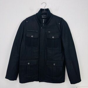 GUESS Mens Coat Military Black Peacoat Jacket Wool Blend
